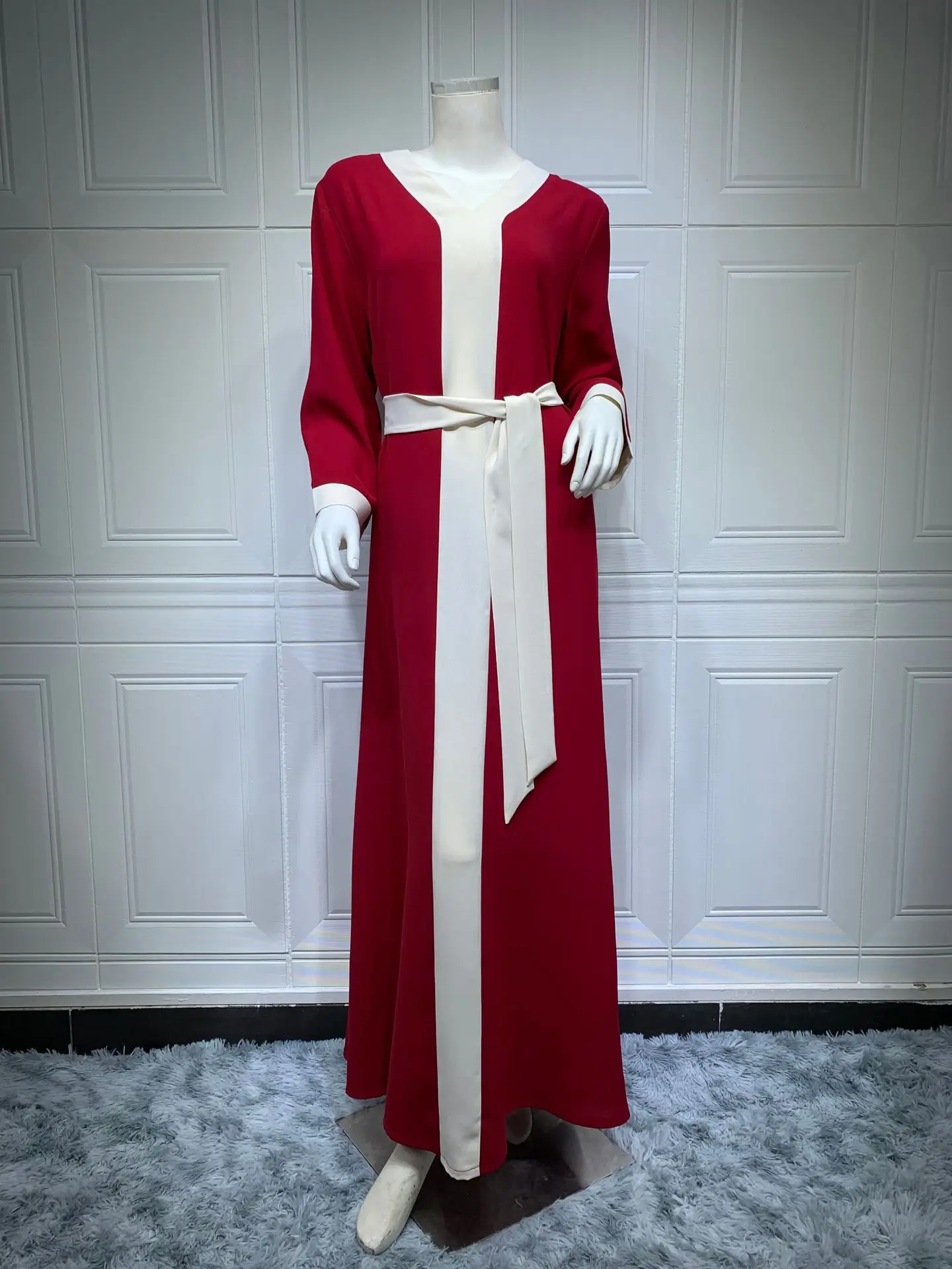 Wepbel Middle East Dubai Abaya Ramadan Maxi Muslim Dress for Women Islamic Clothing Colorblock Robe Muslim Belt Dress Caftan