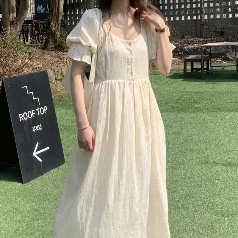 

VANOVICH Korean Style Summer Temperament Square Collar Pleated Waist Slim Solid Color Puff Sleeve Long Dress Female A-line Dress