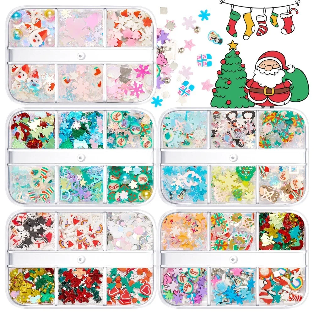 

6 Grids Kawaii Christmas Nail Art Decorations Sock Xmas Tree Polymer Clay Slices Sequins Kit DIY Festive Manicure Design