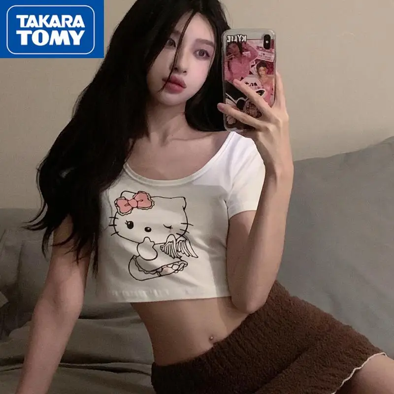 

TAKARA TOMY 2022 Summer New Style Hello Kitty Cute Short Girls Short Sleeve Women's Slim White Simple Cotton Top T-Shirt