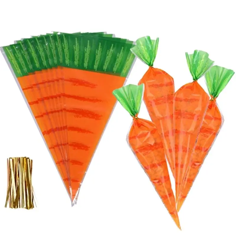 

20/40pcs Easter Candy Bag Carrot Transparent Candy Cones Plastic Bag for Easter Festival kids gift bag Birthday Party Decoration