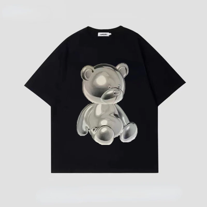 

South Korea Printed Cotton T-shirt Men Classic Trend Brand 23 New Three-dimensional Cartoon Metal Bear Short Sleeve Casual Women