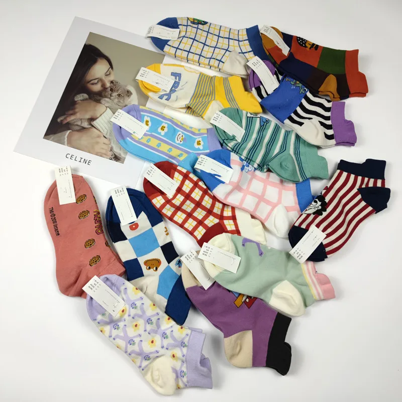 ALYDamei 1 pair of women's cotton socks summer cartoon grid cute girly style super nice