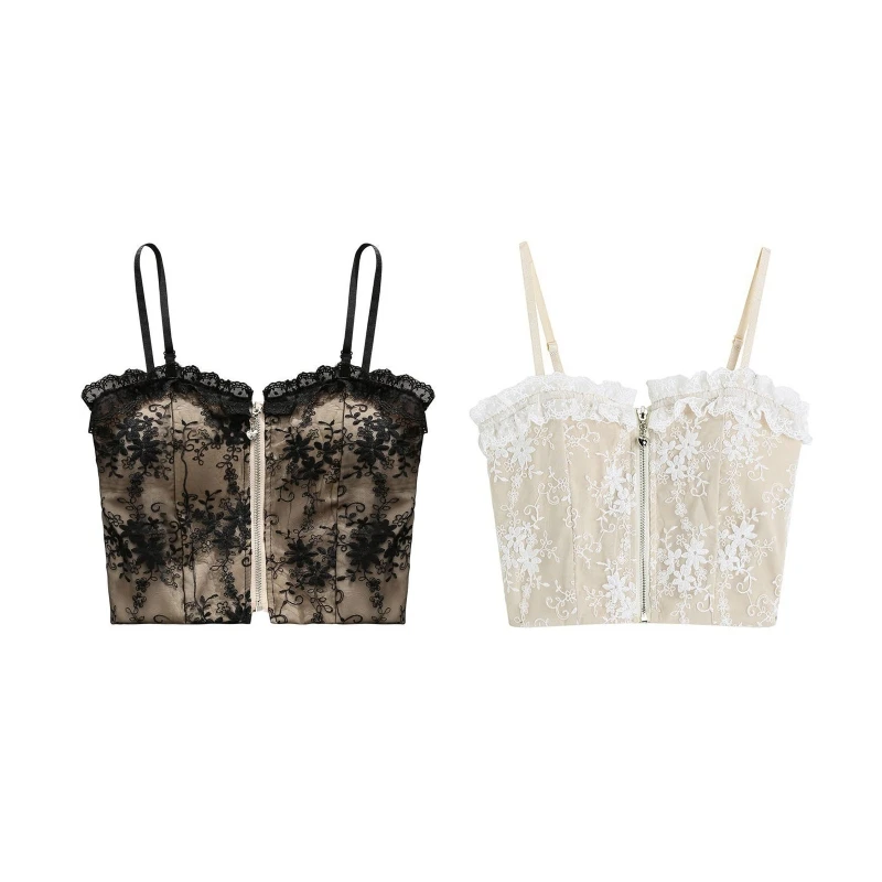 

Новая стильная женская майка, облегающие кружевные кроп-топы на молнии спереди, топы на бретелях