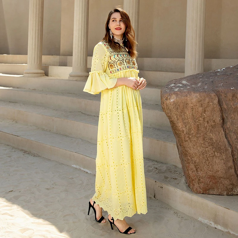 Embroidery Sequins Long Dresses For Women Muslim 2022 O Neck Abayas Dubai Caftan Arabic Luxurious Evening Loose Islamic Dresses