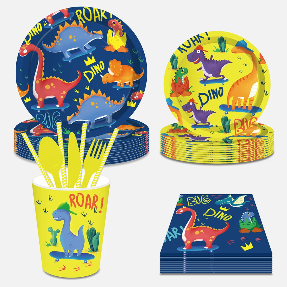 

Cartoon Dinosaur Kids Baby Shower Party Disposable Tableware Sets Dino Roar Theme Birthday Party Paper Plates Cups Dish Supplies