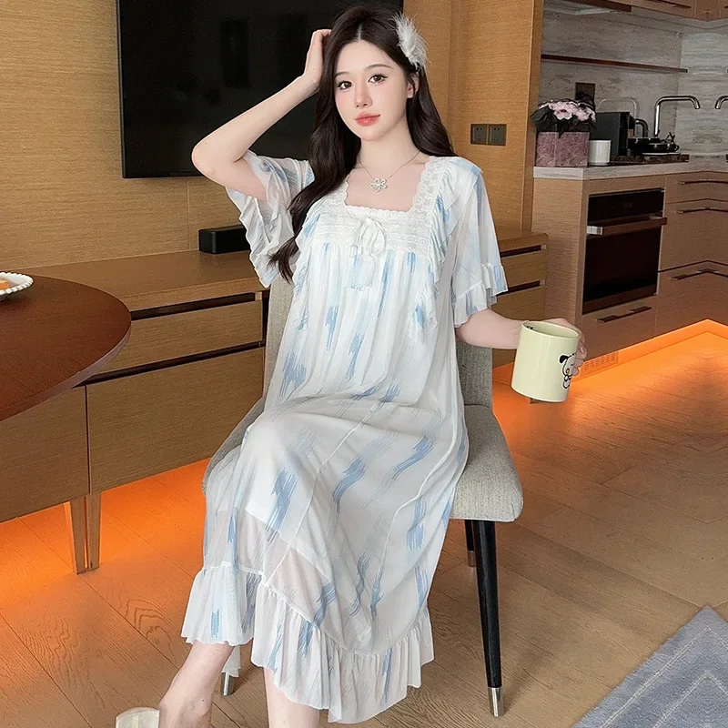 Летняя женская хлопковая кружевная ночная рубашка в стиле принцессы с