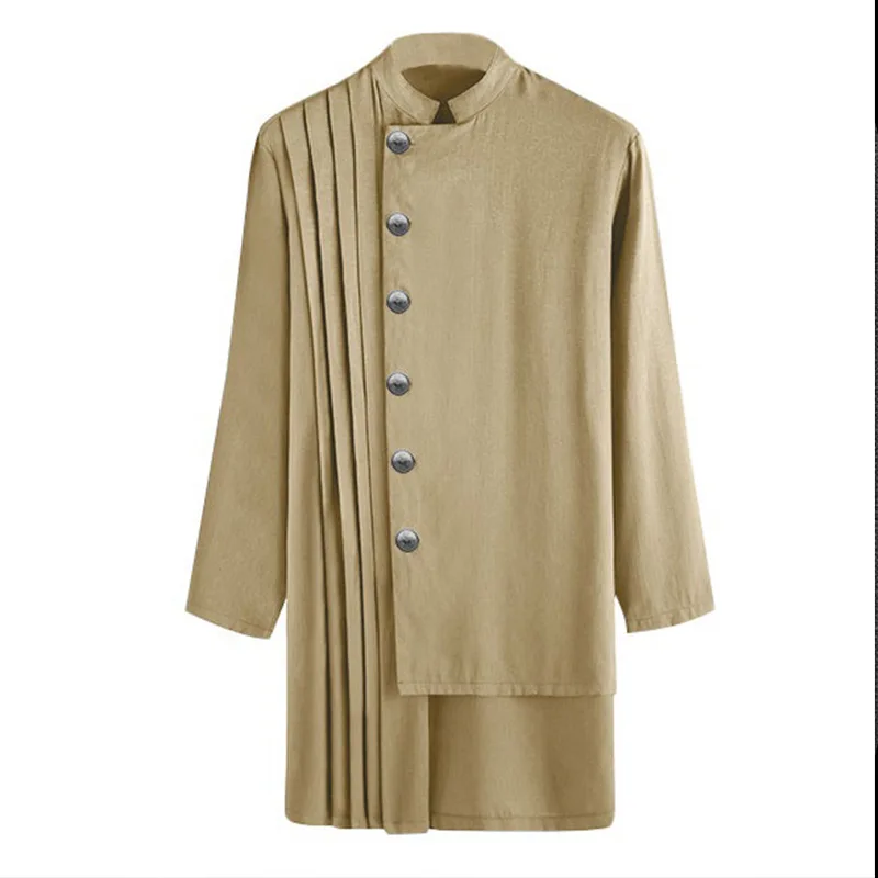 2022 New Muslim Fashion Men Robe Ramadan Eid Stand Collar Arabian Long Sleeve Linen Summer Pleated Robe Dubai Islamic Clothing