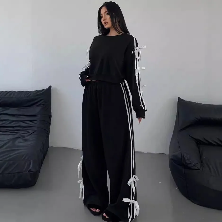 Женский комплект из 2 предметов черный пуловер с длинным рукавом и штаны