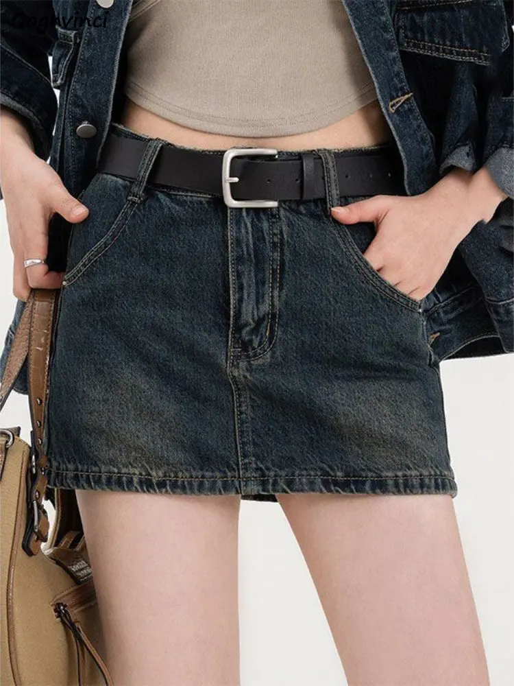 

Мини-юбка женская джинсовая с высокой талией, приталенная Милая элегантная однотонная универсальная базовая уличная одежда из денима в Корейском стиле, с карманами, на лето