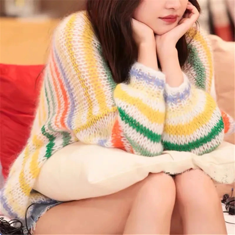 

Rainbow Embroidery Scissors Striped Women Knitted Sweater Hollow Niche Design Women’s Loose Casual Pullovers Knitwear Tops