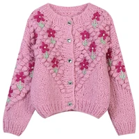 2022 autumn and winter new womens round neck long sleeve short contrast color flower embroidery loose temperament knitted