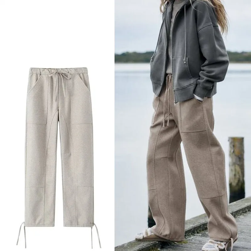 

TRAF Women's Fashion Parachute Pants Vintage Mid Waist Drawstring Baggy Trousers 2024 Autumn Winter New Casual Sweatpants Pants