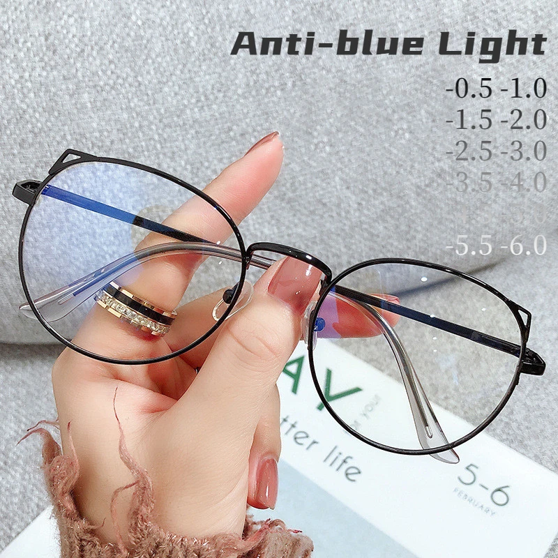 

Oversized Metal Myopia Glasses Anti-Blue Light Eyewear Cute Cat Ear Frame Near Sight Prescription Glasses Diopter -0.5 To -6.0