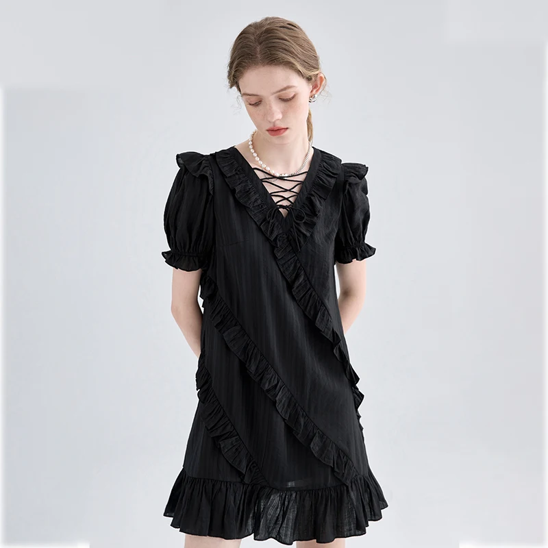 

Элегантное женское платье, черное офисное дамское повседневное винтажное Новое корейское модное милое летнее платье для девушек с пышными ...