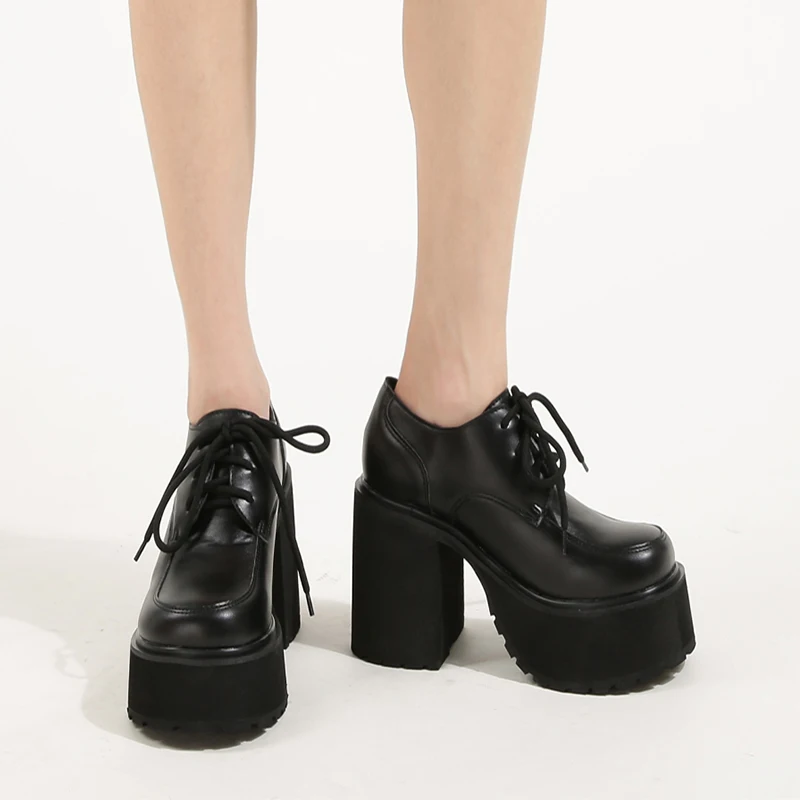 

10cm Women High Heels Spring Chunky Platform Shoes Retro Lolita Shoes Black Thick Heels Ankle Boots Size 43 Casual Creepers