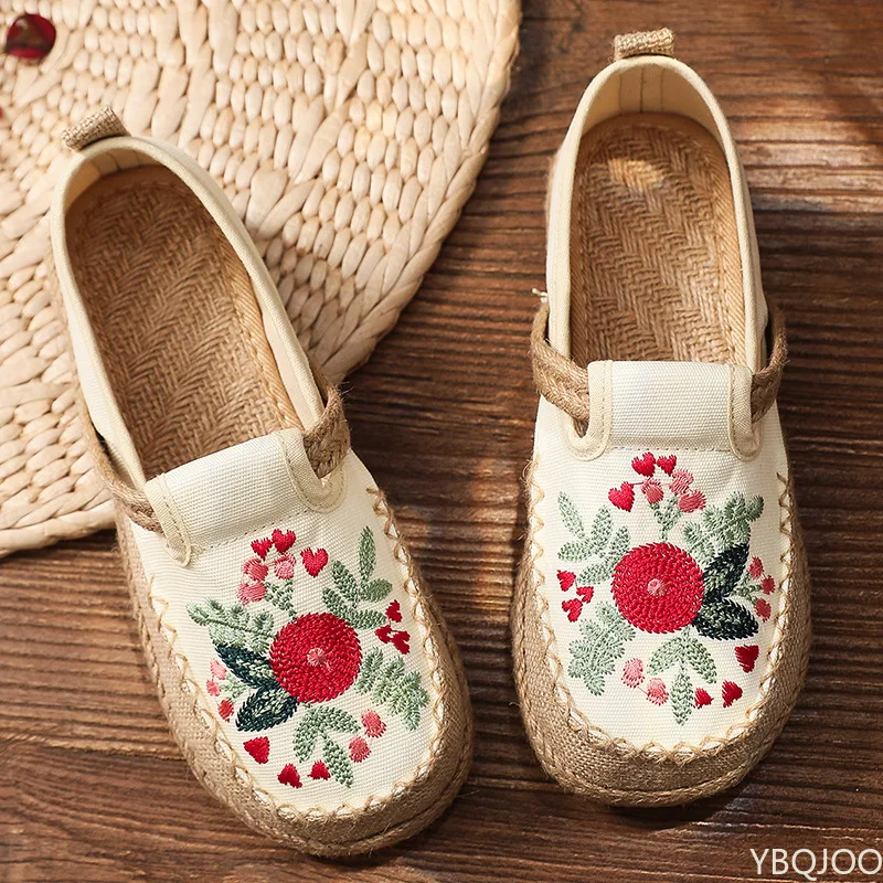 

Flats Women Shoes 2022 New Cotton Linen Embroider Retro Concise Round Toe Flower National Style Handmade Ladies Shoes