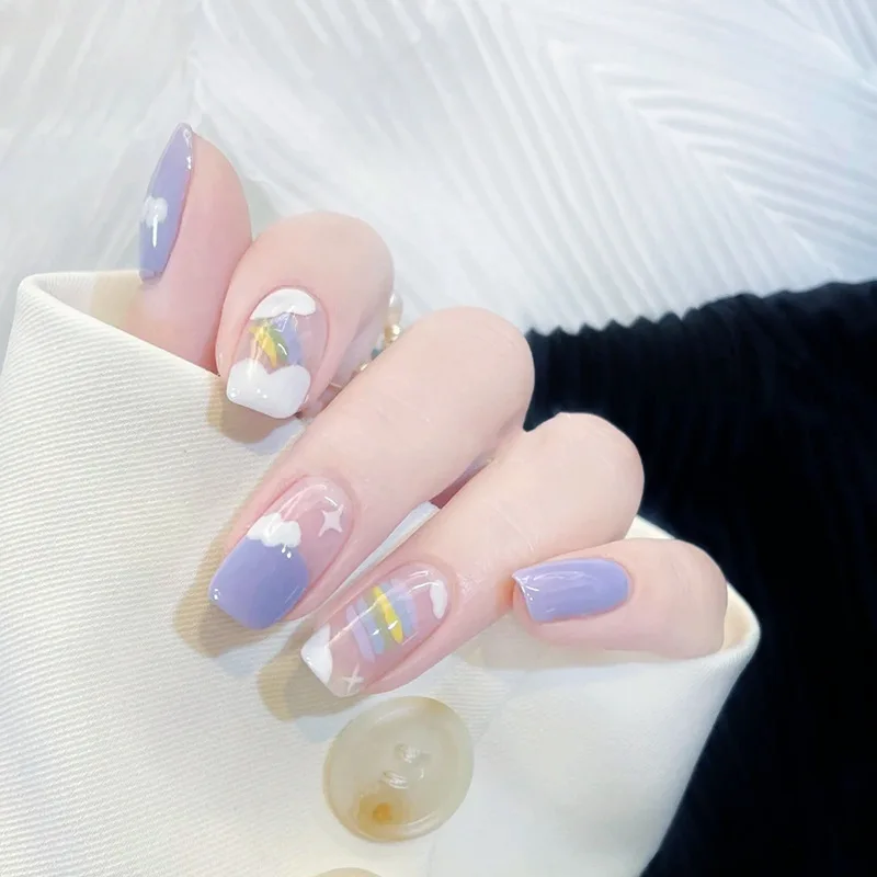 

Short False Nail Cute Cloud Rainbow Blue Color Fake Nail Tips Full Cover Acrylic For Girls Fingernails