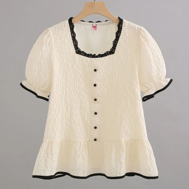 

Plus Size Women Blouses 2023 Summer Puff Sleeve Lace Block Color Square Collar Tops Loose Tees Oversized Curve Clothes T77-040