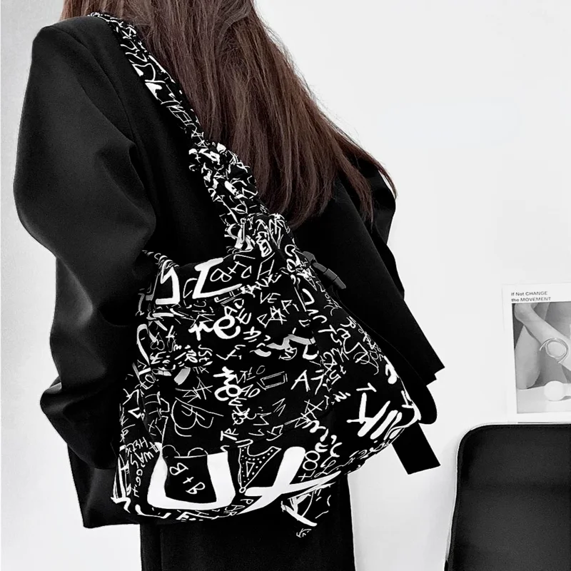 

Xiuya Street Fashion Shoulder Bags For Women 2021 Korea Dark Graffiti Hip Hop Canvas Crossbody Bag School Satchel Woman Shoppers