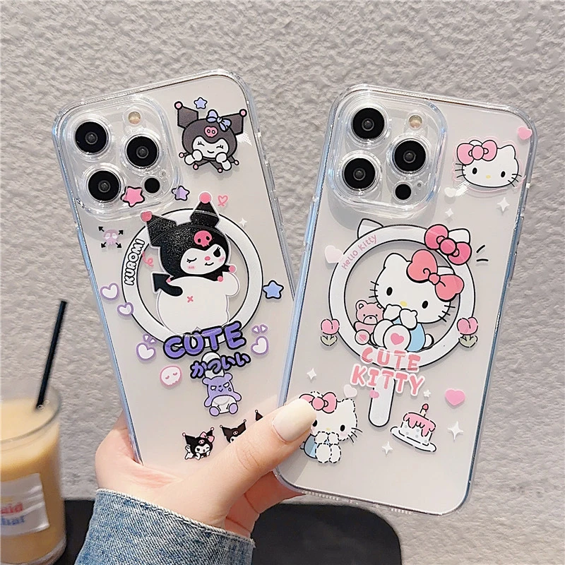 

Sanrios Hellokitty Kuromi Magsafe Магнитный чехол для телефона Iphone 14 13 12 Pro Max милая фигурка аниме Беспроводная зарядка задняя крышка