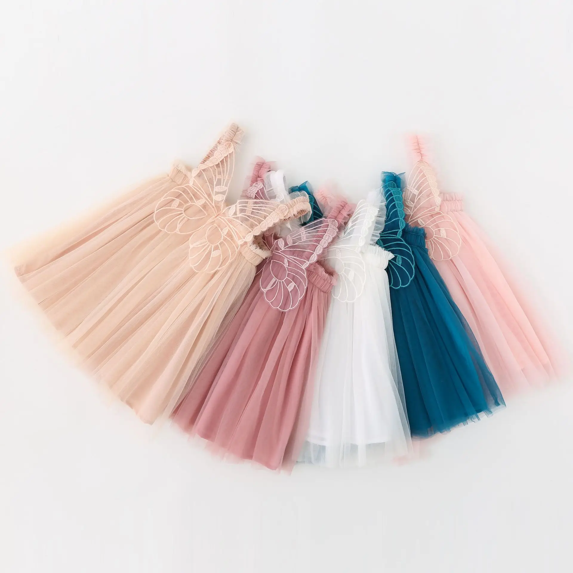 2023  Little Girl Princess Dress Flutter By Smocked Tulle Fairy Wings Dress Lace Gauze Party Wear Costume Sweet Girls Clothes