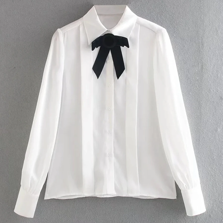 

Модная простая белая рубашка Jenny & Dave с бантом, Женская винтажная Повседневная Блузка контрастных цветов, женские офисные топы в английском ...