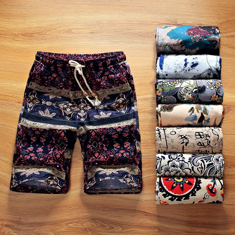 

Summer New Boutique Flower Cotton Linen Men's Casual Beach Shorts Men's Comfortable Breathable Leisure Shorts Male