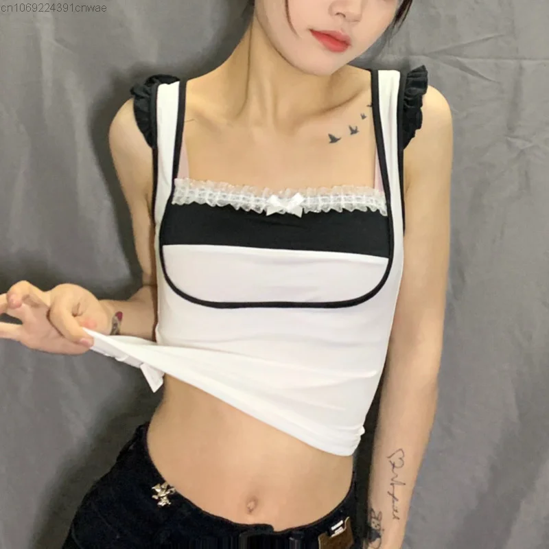 

Женский корсет без рукавов Y 2k, летний кружевной топ белого и черного цвета, майка в Корейском стиле, одежда в стиле 1920-х, Y2k