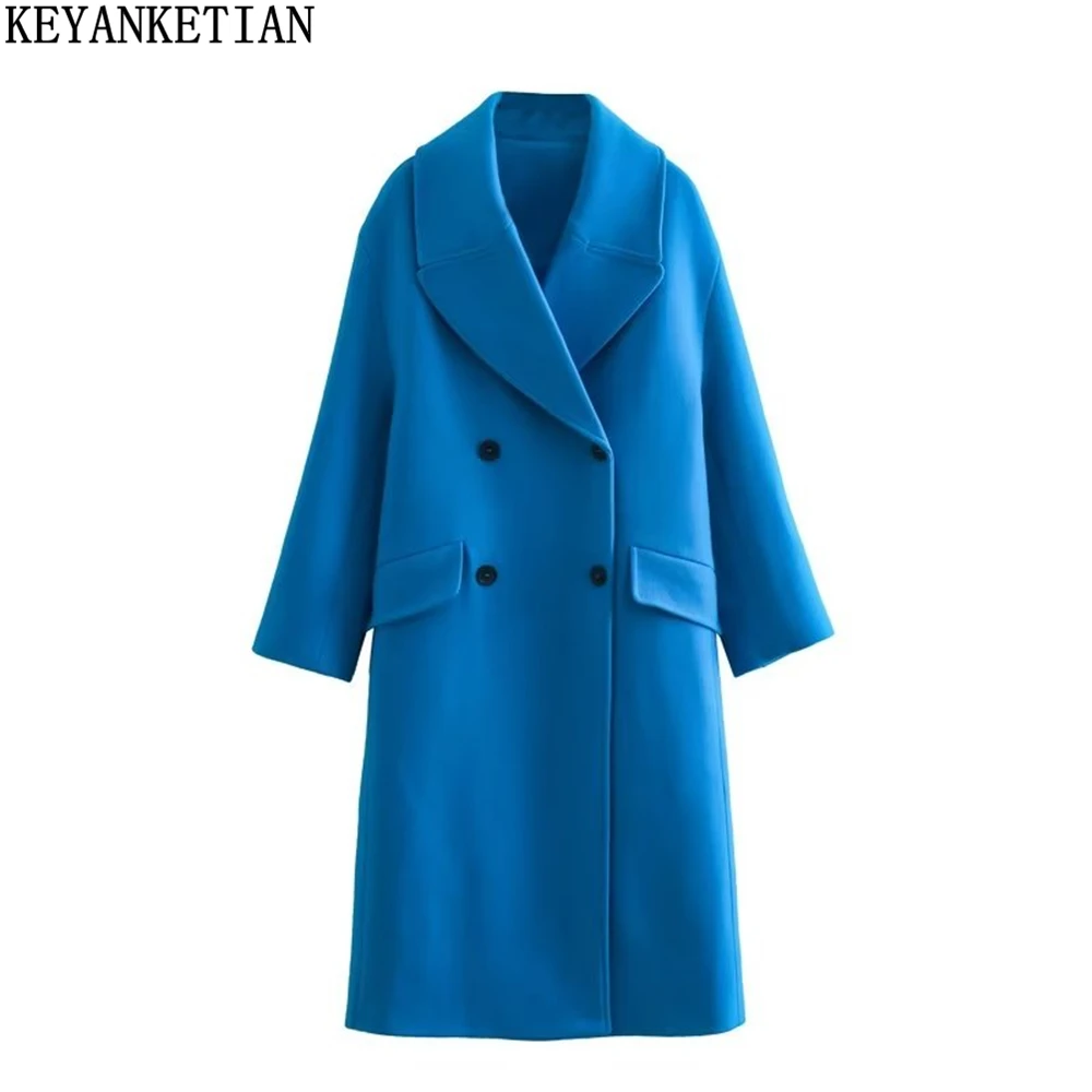 

KEYANKETIAN women's winter new double breasted large lapel sky blue long wool coat simple style loose version thick woolen coat