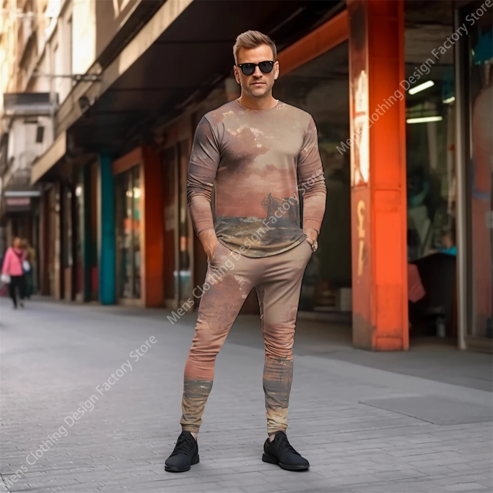 2023 Fashion Casual Men's Sweat-Shirt Set Tracksuit Men Long Sleeve T-shirt+Pants Clothes For Men Vintage Print Men's Clothing