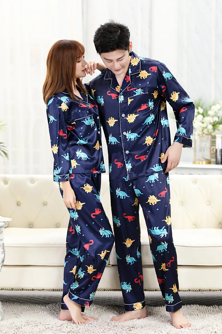 Thin Printing Matching Pajamas Couples Long Sleeved Sleepwear Silk Pajamas for Women Sleep Tops Pants Mens Pajamas Set Sleepwear