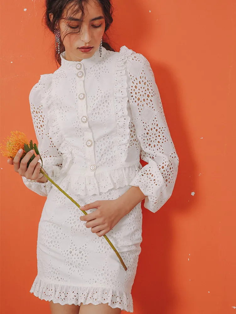 

AIGYPTOS White Dress Sets Women Elegant Sexy Hollow Out Embroidery Shirts+Mini Buttock Skirt 100%CottonTwo Piece Korean Dress