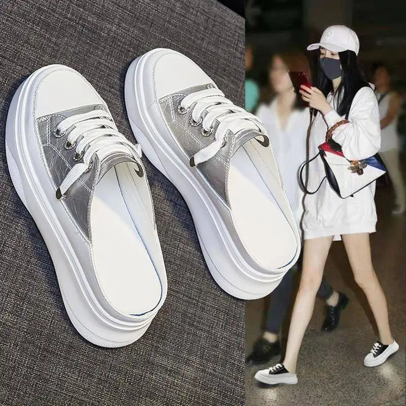 

Comem 2023 Summer Women Slip-on Shoes Urban Flat Sneakers Women's Slipper Casual Shoe Low Upper Lace Up Platform White Sneakers