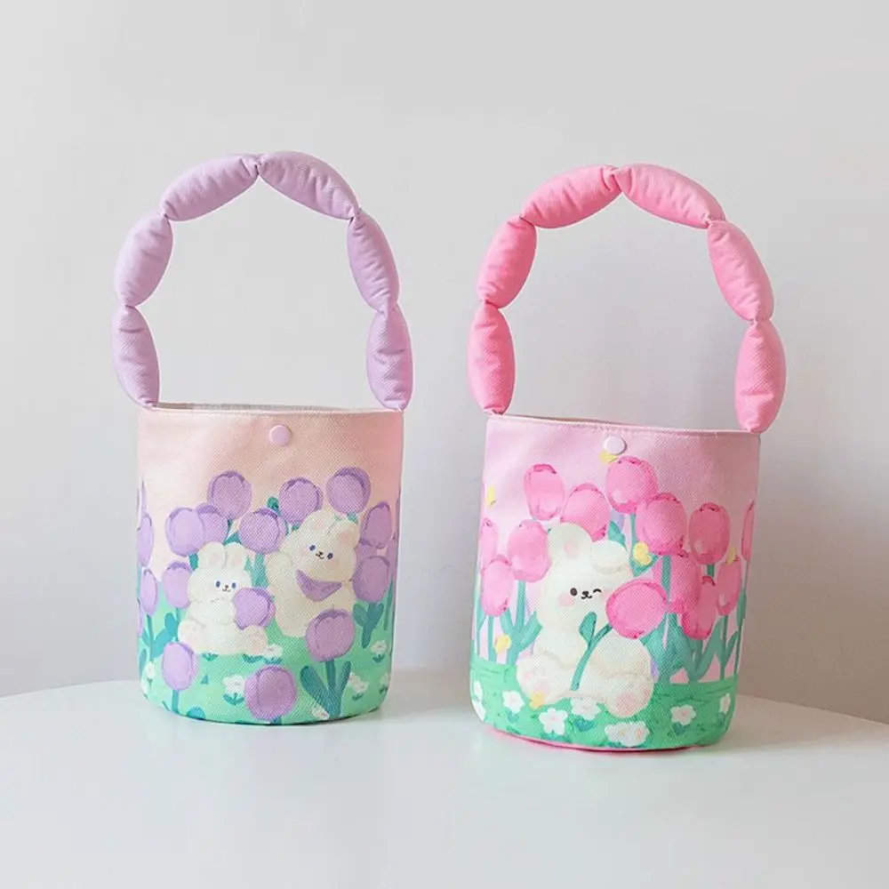 

Cartoon Printed Lovely Rabbit Bucket Bag Gift with Cotton Shoulder Straps Portable Cylinder Bags Tulips Handbag