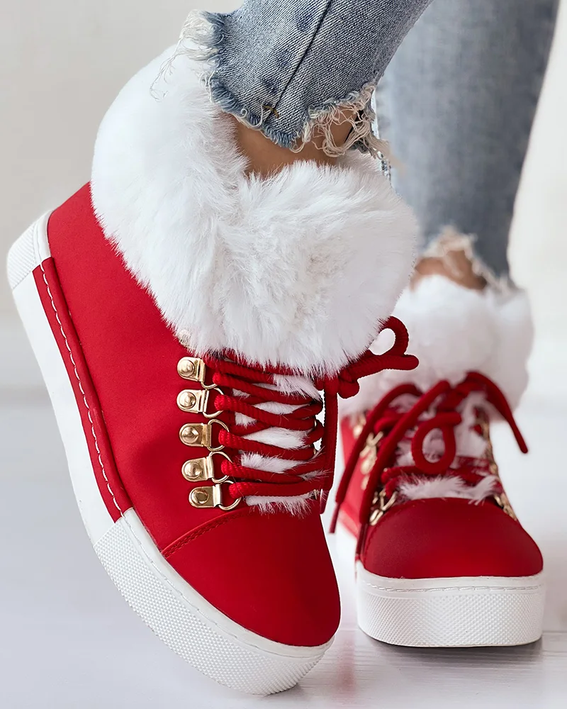 

Snow Boots Warm Winter Flat Round Toe Going Out Women's Shoes Lace-up Fuzzy Detail Lined Ankle Boots