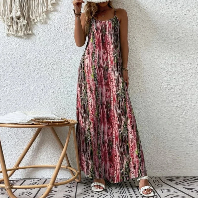 

Women Summer Vintage Print Sling Long Dress Fashion Loose Boho Sleeveless Beach Maxi Dress Female Harajuku Chic Printed Dresses