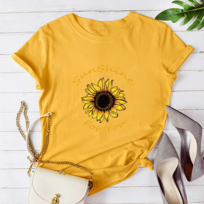 

Summer casual women's tops cotton personality round neck sunflower print t-shirt Black