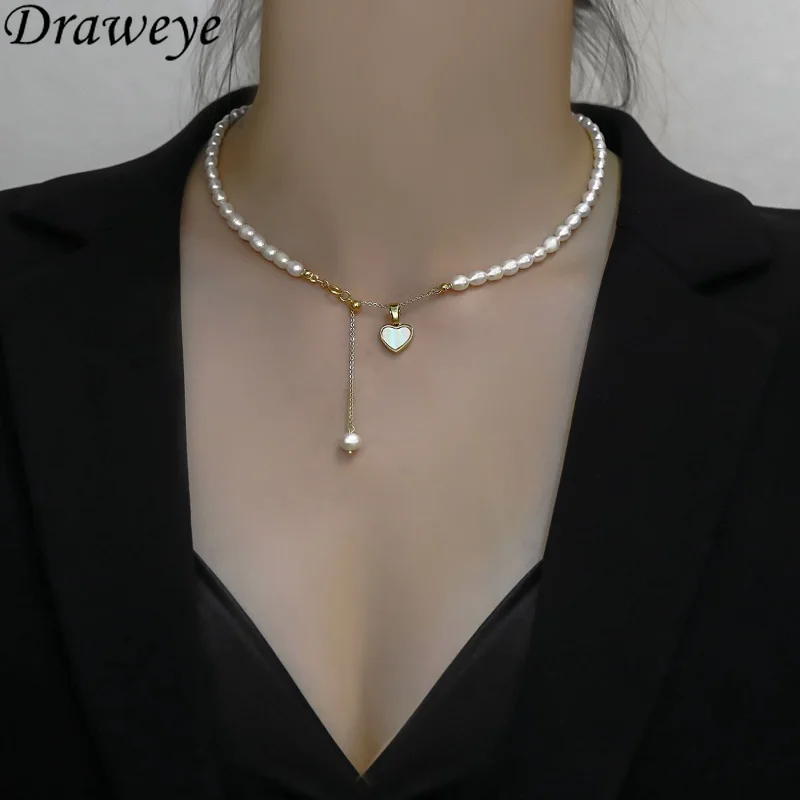 Draweye Heart Jewelry for Women Vintage Pearls Sweater Chains Y2k Pendant Necklaces Shell Elegant Chokers Ins Fashion