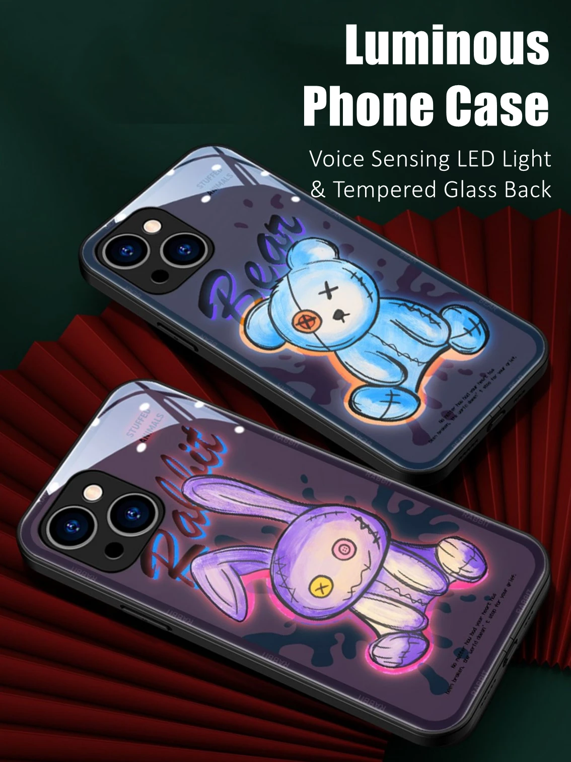 

Rabbit Bear Colorful LED Light Glow Luminous Tempered Glass Phone Case for Xiaomi 11 12 13 Mix 2 3 4 Redmi K60 Pro Lite Ultra