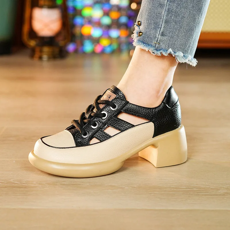 Sandals Women's Genuine Leather 2023 New High Heeled British Style Openwork Casual Single Shoes Roman Luxury Women's Sandals