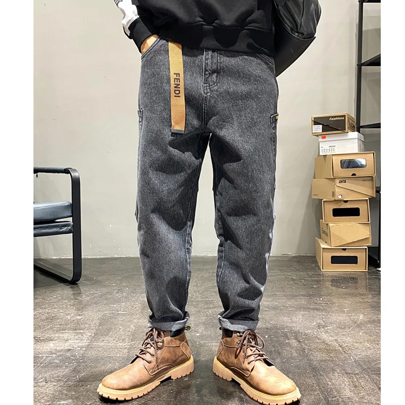Men Clothing New Pattern Recreational Vintage Broad Leg Black Grey Jeans Straight Cylinder Large Loose Cargo Pants Autumn Female