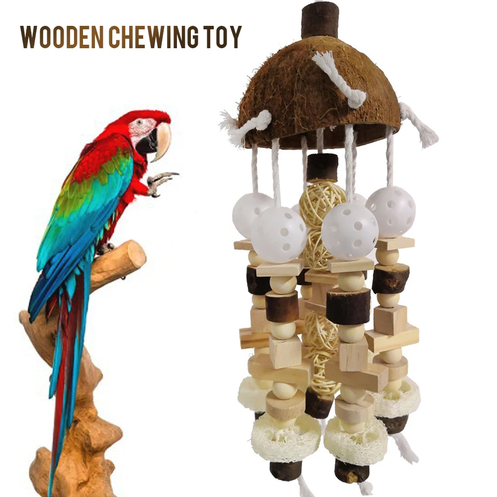 

Natural Coconut Shell Pet Parrot Bird Playing Interactive Bite Chewing Hanging Toys Pet Cage Decor Birds Product