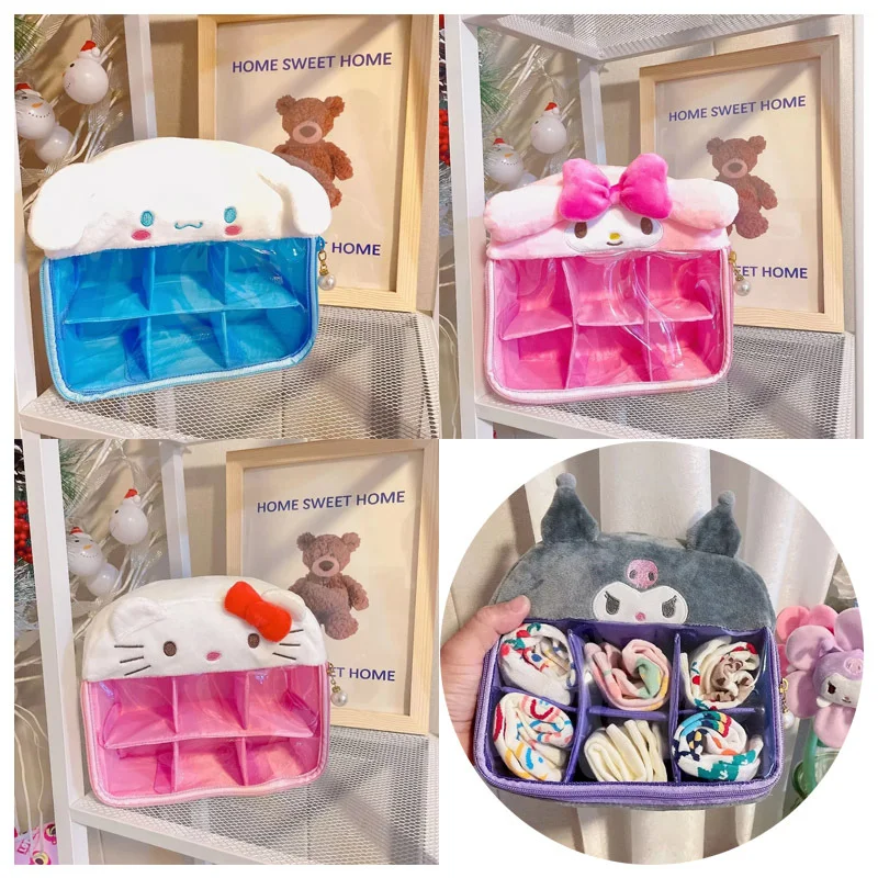 

Sanrioed Anime My Melody Kuromi Kittys Cat Cute Cartoon Underwear Socks Lattice Storage Box Kawaii Jewelry Bag Doll Ornament Box