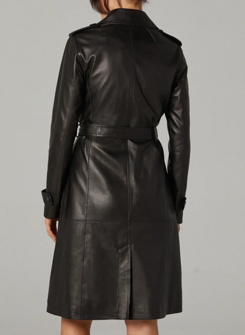 Women Leather Trench Coat Women Black Buttoned Knee Length Warm Coat Christmas