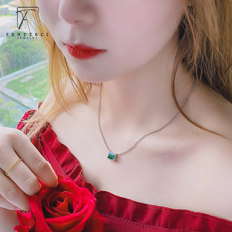 FENTTECI 925 Sterling Silver Vintage Emerald Necklace Female Court Style Clavicle Chain Square Emerald Pendant Fine Jewelry Set