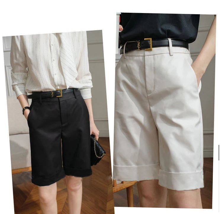 Summer Women's Shorts Knee Length Straight Pants with Belt Office Khaki White Black Casual Fashion Woman High Waist Short Pants