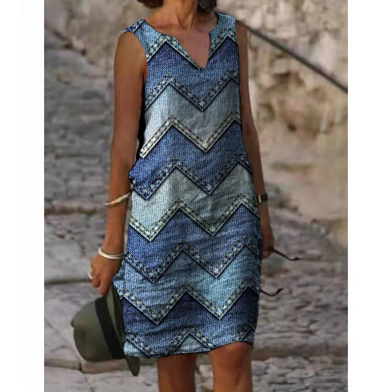 

Fashion Striped Printing Tank Dress 2022 Spring Summer New Casual Loose Oversized Sexy V-Neck Sleeveless Dress Female Robe 5XL