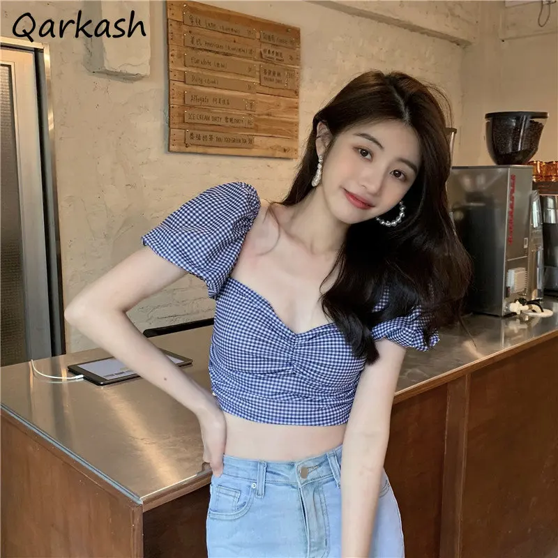 

Summer Plaid Crop Tops Women Sexy Lovely Tender for Ladies Aesthetic V-neck Club Vintage Design Harajuku Mujer Ropa Korean New