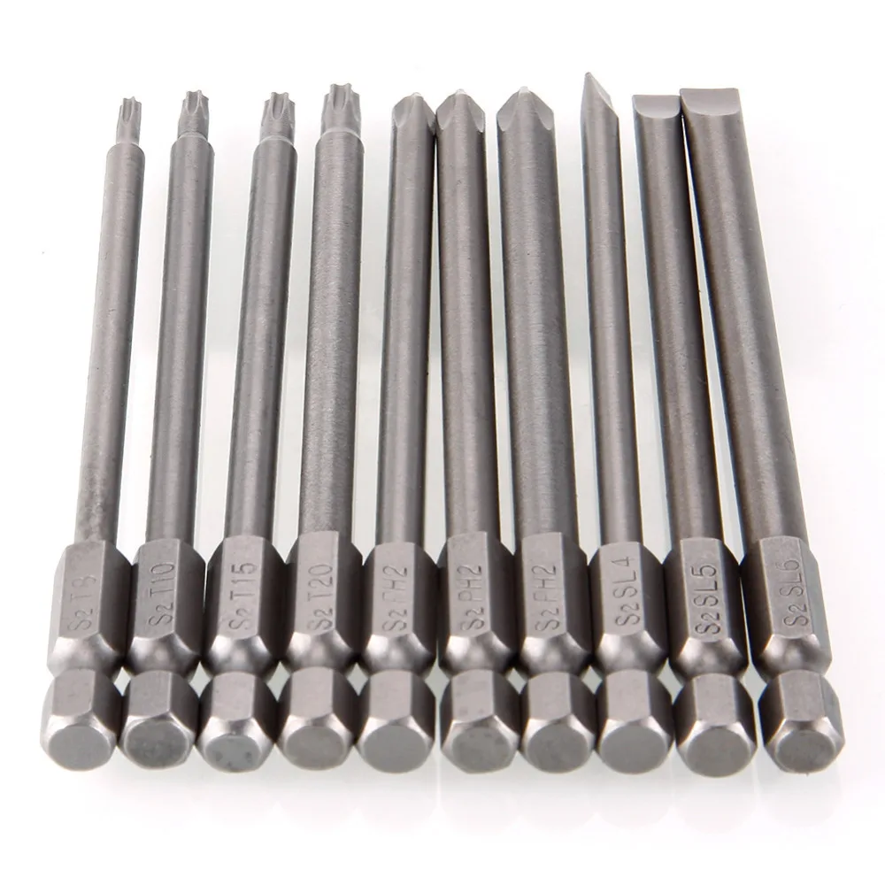 

10Pcs/Set 100mm 1/4" 6.35mm Hex Magnetic Hollow Torx Cross Flat Slotted Head Screw Driver Drill Bits Set Tool #246977